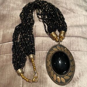 Black & Gold Beaded Necklace & Large Pendant